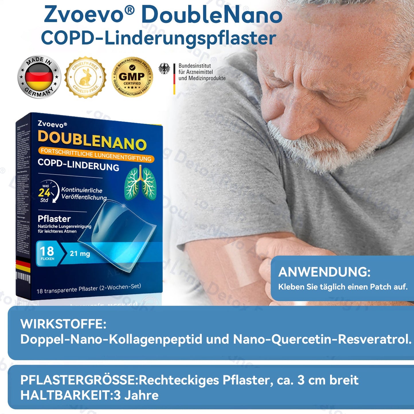 👨‍⚕️🏅Zvoevo® DoubleNano COPD-Linderungspflaster (💝 Gezielte Behandlung bei Husten, Atemnot, Keuchen, Schleim, verstopfter Nase, Bronchitis, Allergiesymptomen und allgemeinen Lungenbeschwerden 🫁)