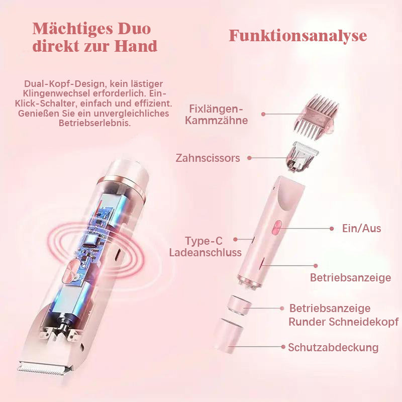 🎉❤️ LETZTER TAG AKTION – 50% RABATT ❤️ flysmus® 2-in-1 Elektrorasierer für Frauen – Dual-Kopf Präzisionstrimmer (Entfernt Haare schmerzfrei im Intimbereich, im Gesicht, unter den Achseln und an den Beinen – mit IPX7-Wasserschutz.)