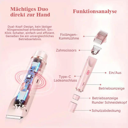 🎉❤️ LETZTER TAG AKTION – 50% RABATT ❤️ flysmus® 2-in-1 Elektrorasierer für Frauen – Dual-Kopf Präzisionstrimmer (Entfernt Haare schmerzfrei im Intimbereich, im Gesicht, unter den Achseln und an den Beinen – mit IPX7-Wasserschutz.)